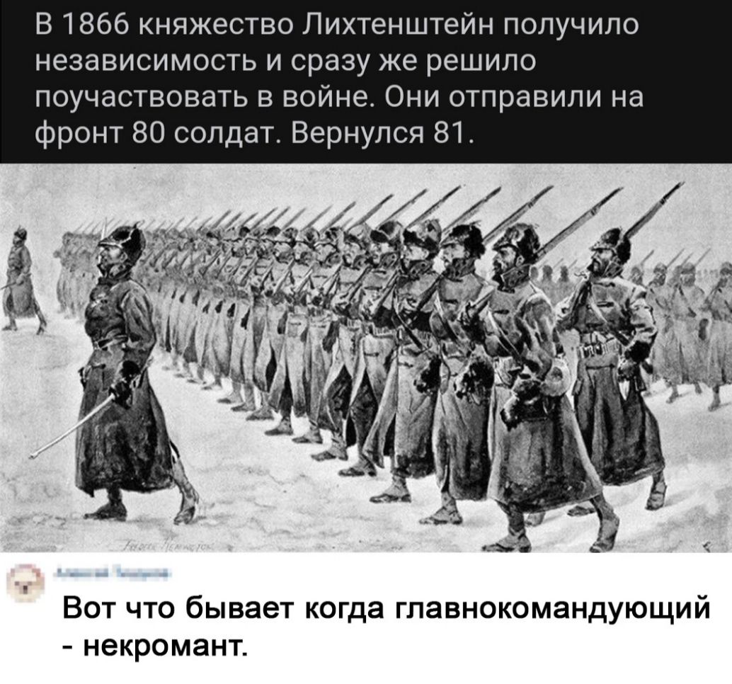 В 1866 княжество Лихтенштейн получило независимость и сразу же решило поучаствовать в войне Они отправили на фронт 80 солдат Вернулся 81 Вот что бывает когда главнокомандующий некромант