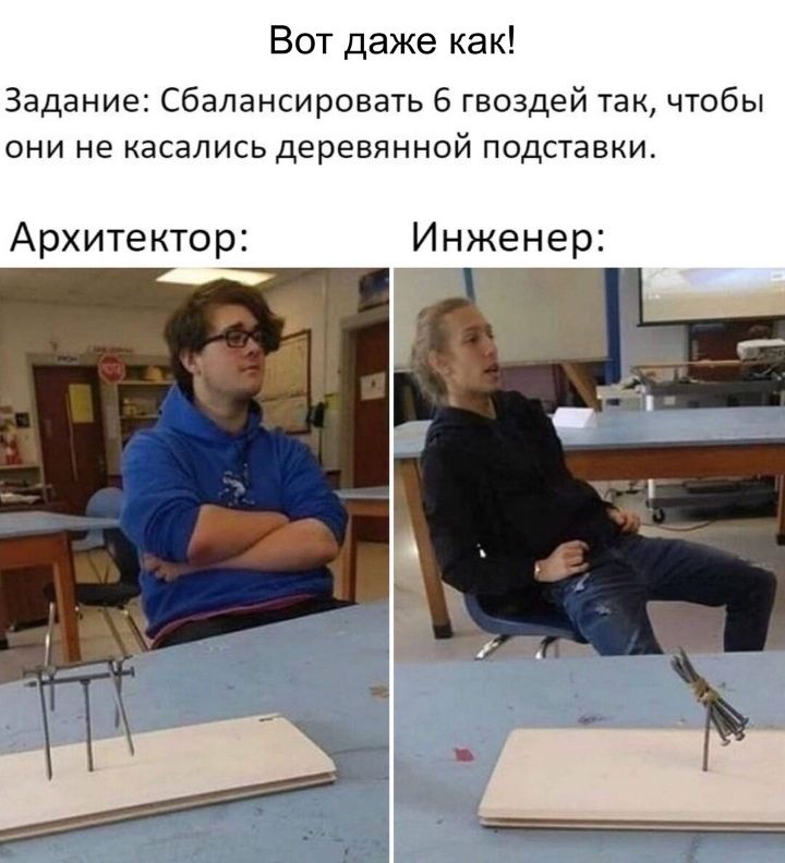 Вот даже как Задание сбалансировать 6 гвоздей так чтобы они не касались деревянной подставки Архитектор Инженер