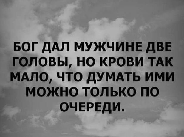 БОГ ДАЛ МУЖЧИНЕ ДВЕ ГОЛОВЫ НО КРОВИ ТАК МАЛО ЧТО ДУМАТЬ ИМИ МОЖНО ТОЛЬКО ПО ОЧЕРЕДИ