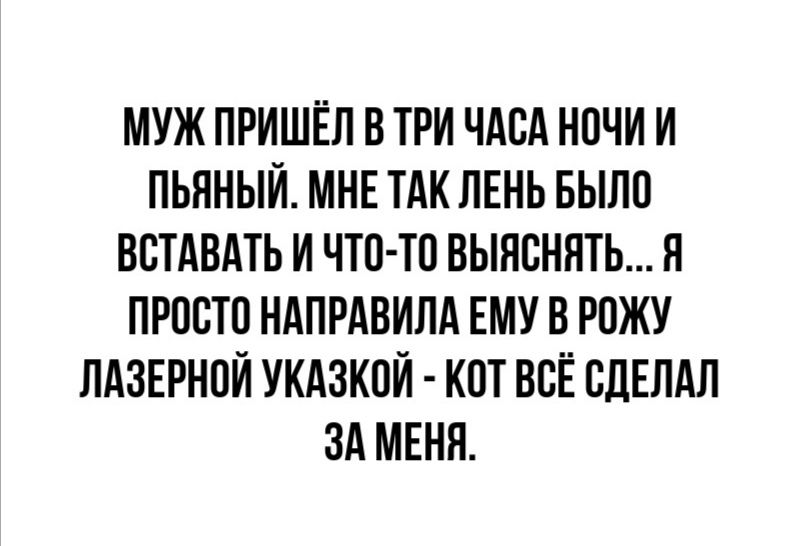 МУЖ ПРИШЁЛ В ТРИ ЧАСА НОЧИ И ЛЬННЫИ МНЕ ТАК ЛЕНЬ БЫЛО ВСТАВАТЬ И ЧТО ТО ВЫЯСНЯТЬ Я ПРОСТО НАПРАВИЛА ЕМУ В РОЖУ ЛАЗЕРНОИ УКАЗКОИ КОТ ВСЁ СДЕЛАЛ ЗА МЕНЯ