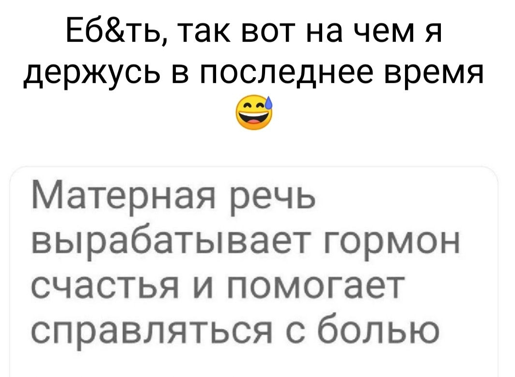 Ебть так вот на чем я держусь в последнее время Матерная речь вырабатывает гормон счастья и помогает справляться с болью ТРНЫг ц