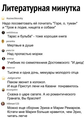 Литературная минутка каменными Надо посоветовать ей почитать Горе о туман и Трое в лодке нищета и собаки Тарас и бупьба тоже хорошая книга ви мертвые в душе и ч Над пропастью маржи Учебник по схемотехнике достоевского И диод и Тысяча и одна дочь мемуары молодого отца _ мученицы Пахом звонит в колокол и еще Приступ пени на Казани понравилось мои Сказка о царе шпата А из романтического Граната Вы бр