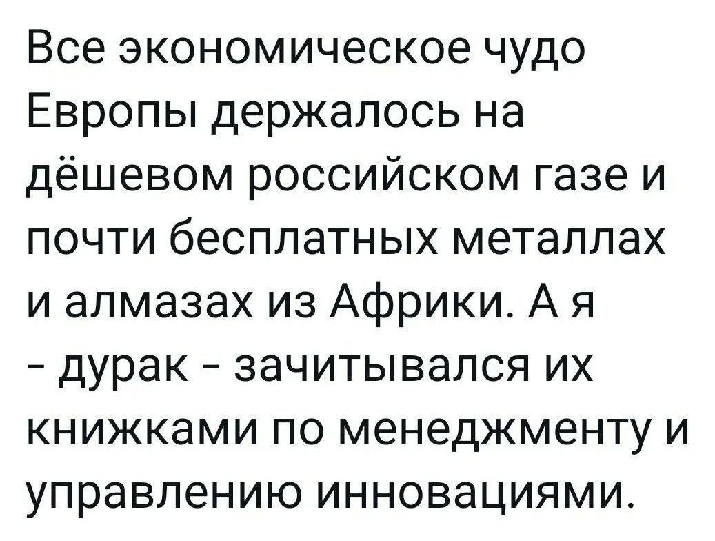 Все экономическое чудо Европы держалось на дёшевом российском газе и почти бесплатных металлах и алмазах из Африки А я дурак зачитывался их книжками по менеджменту и управлению инновациями