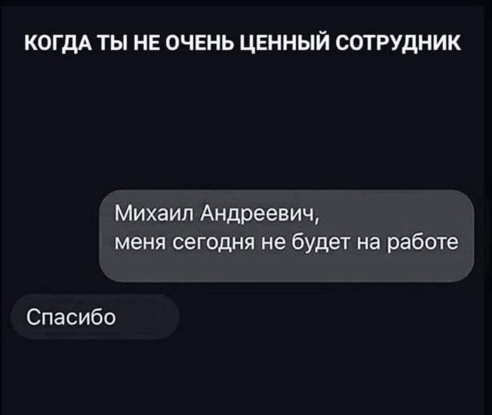 КОГДА ТЫ НЕ ОЧЕНЬ ЦЕННЫЙ СОТРУДНИК Михаил Андреевич меня сегодня не будет на работе Спасибо