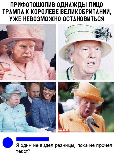 ПРИФОТОШОПИВ ОДНАЖДЫ ЛИЦО ТРАМПА К КОРОЛЕВЕ ВЕЛИКОБРИТАНИИ УЖЕ НЕВОЗМОЖНО ОСТАНОВИТЬСЯ іі Я один не видел разницы пока не прочёл текст