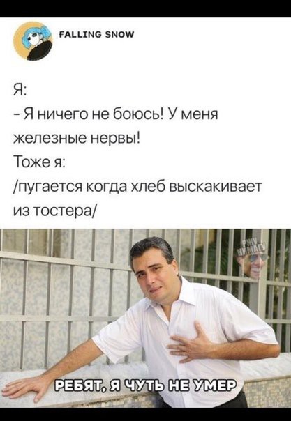шцмв эмо Я Я ничего не боюсь У меня железные нервы Тоже я пугается когда хлеб выскакивает из тостера ТЛЁЁЦЁ
