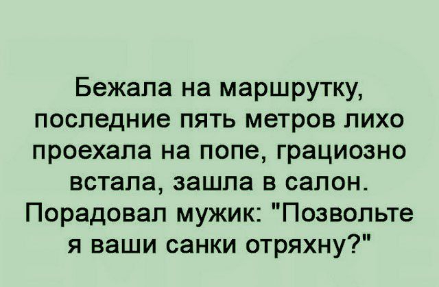 Бежала на маршрутку последние пять метров лихо проехала на попе грациозно встала зашла в салон Порадовал мужик Позвольте я ваши санки отряхну