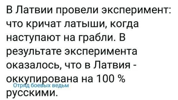 В Латвии провели эксперимент что кричат латыши когда наступают на грабли В результате эксперимента оказалось что в Латвия ооТрждоирована на 100 ьх ведьм РУССКИМИ