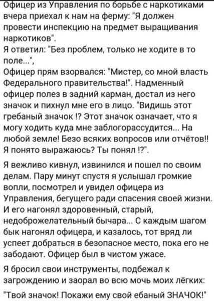 бёицер иа Управления по Борьбё наркотиками вчера приехал к нам на Фермуг я должен провести инспекцию на предмет выращивание иаркатиков Я ответил Без проблем только не ходите в то Офицер прям взорвался Мисгер со мной власть Федерального правительстваГ Надмениый офицер полез в задний карман достал из него значок и пихнул мне его в лицо Видишь этог гребаный значок Этот значок озиачаег что я могу ходи