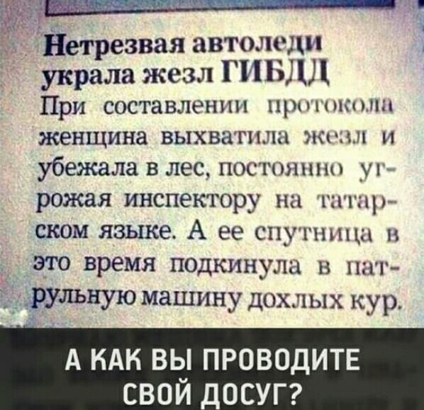 Нетрезвая автоледи украла жезл ГИБДД При составлении протокола женщина выхватила жезл и убежала в лес постоянно уг рожая инспектору на татар ском языке А ее спутница в это время подкинула в пат рульную машину дохлых кур А КАК ВЫ ПРОВОДИТЕ СВОЙ ДОСУГ