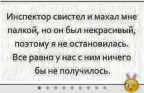 Инспектор свистел и махал мне палкой но он был некрасивый поэтому я не остановилась Все равно у нас с ним ничего бы не получилось