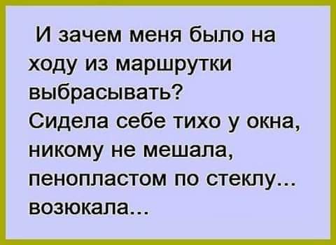 И зачем меня было на ходу из маршрутки выбрасывать Сидела себе тихо у окна НИКОМУ не мешала ПЭНОППЭСТОМ ПО стеклу ВОЗЮКЭЛЗ