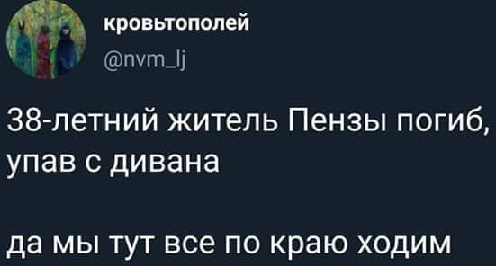 кровьтопопей ттЦ 38 летний житель Пензы погиб упав с дивана да МЫ ТУТ все ПО краю ХОДИМ