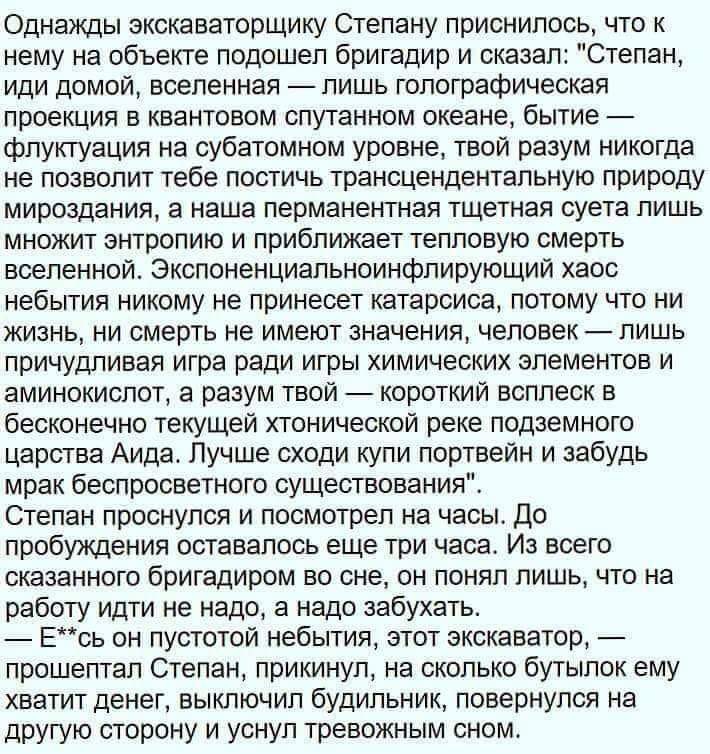 Однажды экскаваторщику Степану приснилось что к нему на объекте подошел бригадир и сказал Степан иди домой вселенная лишь голографическая проекция в квантовом спутанном океане бытие флукгуация на субатомном уровне твой разум никогда не позволит тебе постичь трансцендентальную природу мироздания а наша перманентная тщетная суета лишь множит энтропию и приближает тепловую смерть вселенной Эколоненци