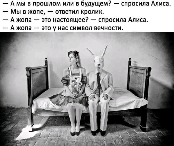 А мы в прошлом или в будущем спросила Алиса Мы в жопе ответил кролик А жопа это настоящее спросила Алиса А копа это у нас символ вечности