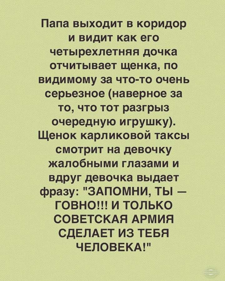Папа выходит в коридор и видит как его четырехлетняя дочка отчитывает щенка по видимому за что то очень серьезное наверное за то что тот разгрыз очередную игрушку Щенок карликовой таксы смотрит на девочку жалобными глазами и вдруг девочка выдает фразу 3АПОМНИ ТЫ ГОВНО И ТОЛЬКО СОВЕТСКАЯ АРМИЯ СДЕЛАЕТ ИЗ ТЕБЯ ЧЕЛОВЕКА