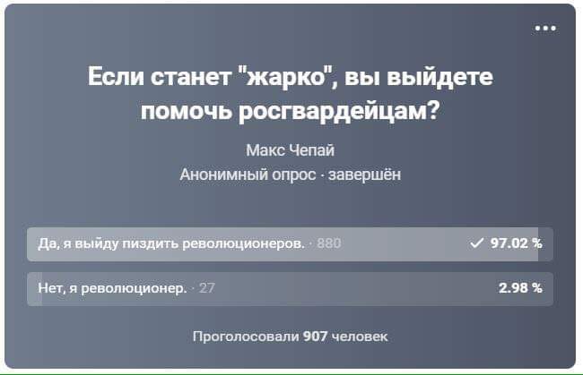 Если станет жарко вы выйдете помочь росгвардейцам Макс Чапай Анонимный опрос завершён азн Нетрннптпциииер 27 Прпгопиевапи 9117 человек