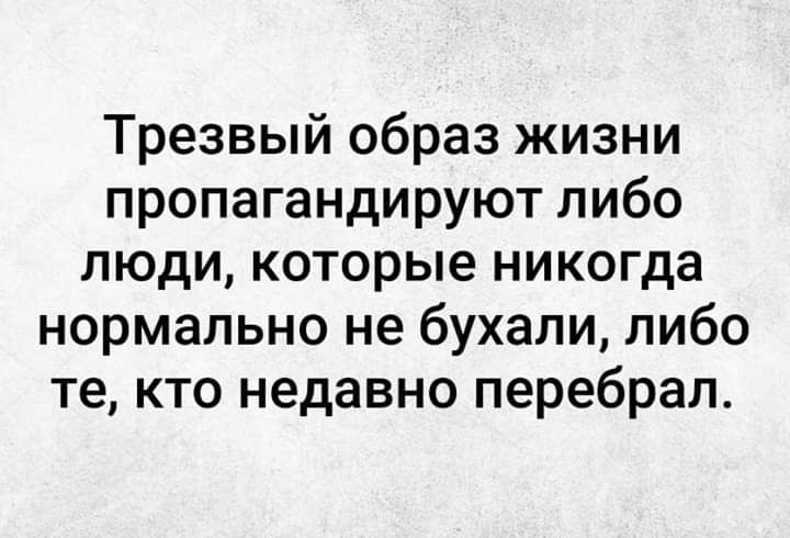 Трезвый образ жизни пропагандируют либо люди которые никогда нормально не бухали либо те кто недавно перебрал
