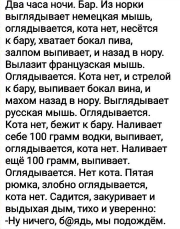 Два часа ночи Бар Из норки выглядывает немецкая мышь оглядывается кота нет несётся к бару хватает бокал пива залпом выпивает и назад в нору Вылазит французская мышь Оглядывается Кота нет и стрелой к бару выпивает бокал вина и махом назад в нору Выглядывает русская мышь Оглядывается Кота нет бежит к бару Наливает себе 100 грамм водки выпивает оглядывается кота нет Наливает ещё 100 грамм выпивает Ог