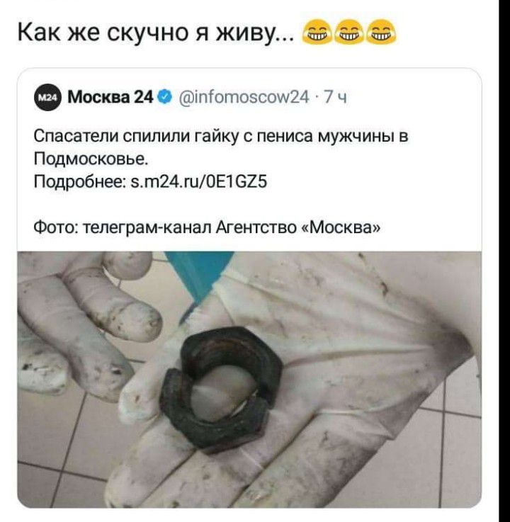 Как же скучно я живу Москва 24 і іпіотозсошм 7 ч Спасатели спилили гайку с пениса мужчины в Подмосковье Подробнее зт24шОЕ1 625 Фото телеграм канал Агентство Москва