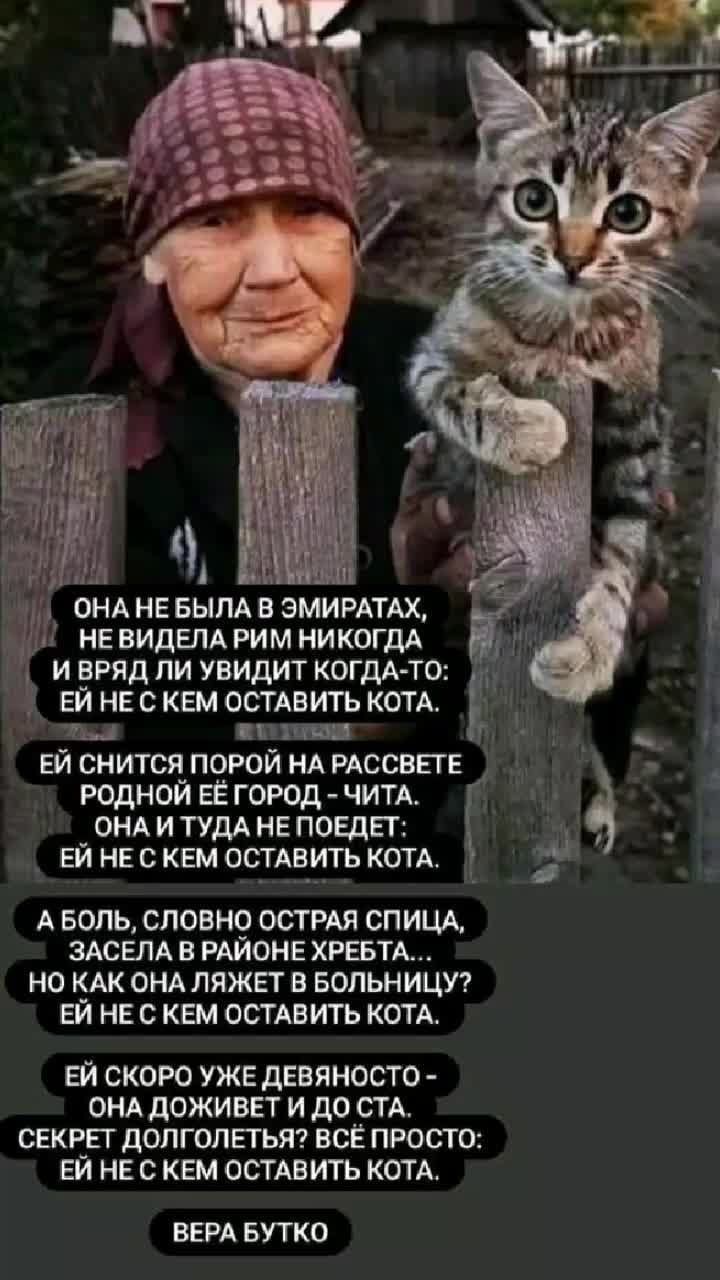 Щ ОНА НЕ БЫПА В ЭМИРАТАХ нв ВИдЕЛА рим НИКОГДА И _ВРЯД ПИ УВИДИТ КОГДА ТО ЕИ НЕ С КЕМ ОСТАВИТЬ КОТА Ё ш ниш ЕЙ СНИТСЯ ПОРОЙ НА РАССВЁГЕ РОДНОЙЕЁГОРОд ЧИТА А А _ ОНАИТУДА НЕ ПОЕДЕТ _ ЕИ НЕ С КЕМ ОСТАВИТЬ КОТА А БОЛЬ СПОВН9 ОСТРАЯ СПИЦА ЗАСЕЛА В РАИОНЕ ХРЕБТА НО КАК ОНА ЛЯЖЕТ В БОПЬНИЦУ ЕЙ НЕ С КЕМ ОСТАВИТЬ КОТА ЕЙ СКОРО УЖЕ дЕВЯНОСТО ОНА дОЖИВЕТ И ДО СТА СЕКРЕТ ДОЛГОЛЕТЬЯ ВСЁ ПРОСТО ЕЙ НЕ С КЕМ ОСТ