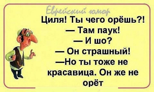 Циля Ты чего орёшь Там паук И шо Он страшный Но ты тоже не красавица Он же не орёт