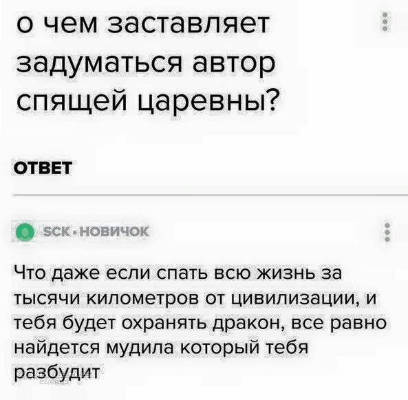 О ЧЕМ ЗЭСТЭВПЯЭТ задуматься автор спящей царевны ОТВЕТ дм Что даже если спать всю жизнь за тысячи километров от цивилизации и тебя будет охранять дракон все равно найдется мудипа который тебя разбудит