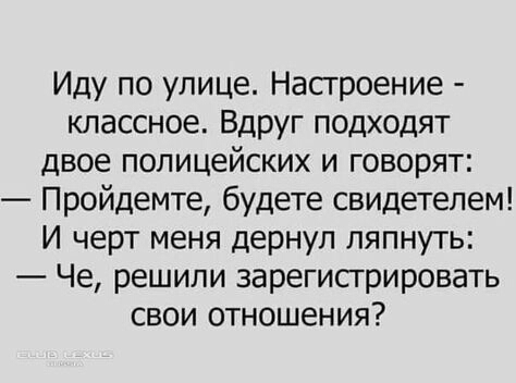 Иду по улице Насгроение классное Вдруг подходят двое полицейских и говорят Пройдемте будете свидетелем И черт меня дернул ляпнуть Че решили зарегисгрировать свои отношения