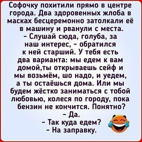 Софочку похитили прямо в центре города два здоровенных жлоба в масках бесцеремонно затолкапи ее в машину и рванули места Слушай сюда голуба за наш интерес обратился к ней старший У тебя есть два варианта мы едем вам домойты открываешь сейф и мы возьмём шо надо и уедем а ты остаешься дома Или мы будем жёстко заниматься с тобой любовью колеся по городу пока бензин не кончится Понятно да Так куда еде