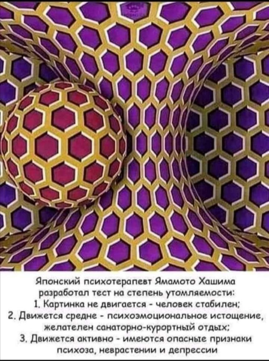 Японский психотерапевт Ямамото Хашима разработал тест но степень утомляемости 1 Картинка не двигается человек стабилен 2 Движется средне психоэмоциональное истощение желателен санаторнокурортный отдых 3 Движется активно имеются опасные признаки психоза неврастении и депрессии