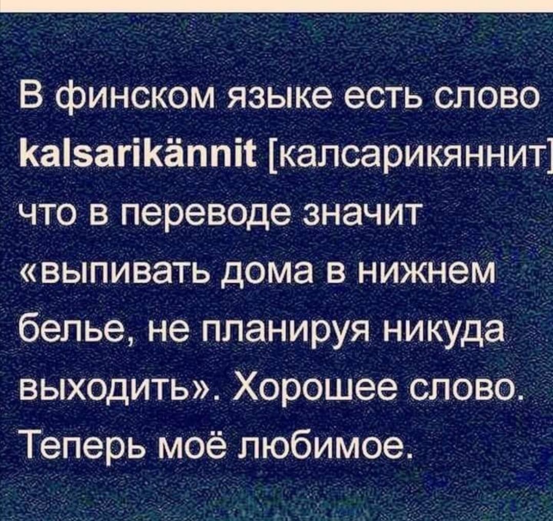 В финском языке естьСпово КаЬагіКёппіі калсарикяннит что в переводе значит  _ _ выпивать дома в Нижнем белье не планируя никуда выходить Хорошее слово  Теперь моё любимое - выпуск №975671