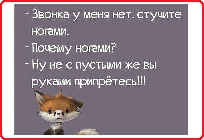 Звонка у меня нет, стучите ногами. – Почему ногами? – Ну не с пустыми же ру