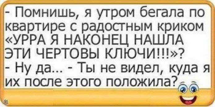 Помнишь я утром бегала по Т квартире с радостным криком УРРА Я НАКОНЕЦ НАШЛА ЭТИ ЧЕРТОВЫ КЛЮЧИ т Ну да Ты не видел куда я _их П991е этого положила _11 Ы