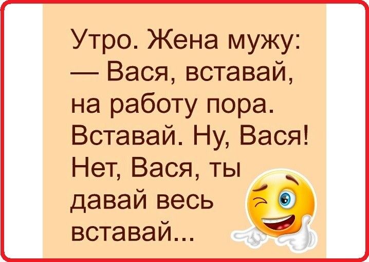 Утро Жена мужу Вася вставай на работу пора Вставай Ну Вася Нет Вася ты давай весь вставай