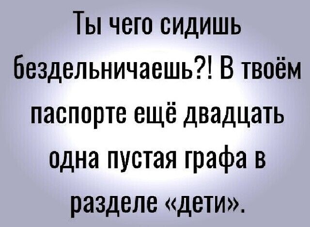Ты чего сидишь Бездельничаешь В твоём паспорте ещё двадцать одна пустая графа в разделе дети