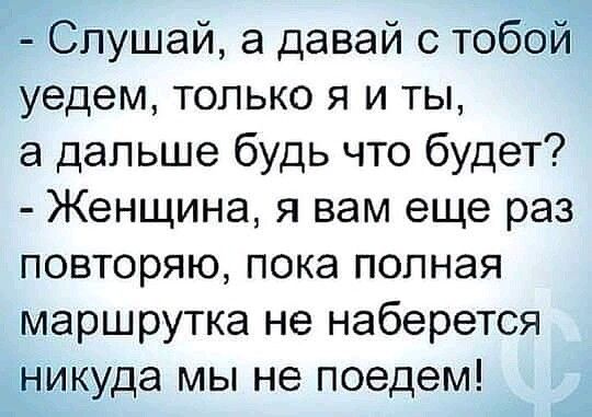 Слушай а давай с тобой уедем только я и ты а дальше будь что будет Женщина я вам еще раз повторяю пока полная маршрутка не наберется никуда мы не поедем