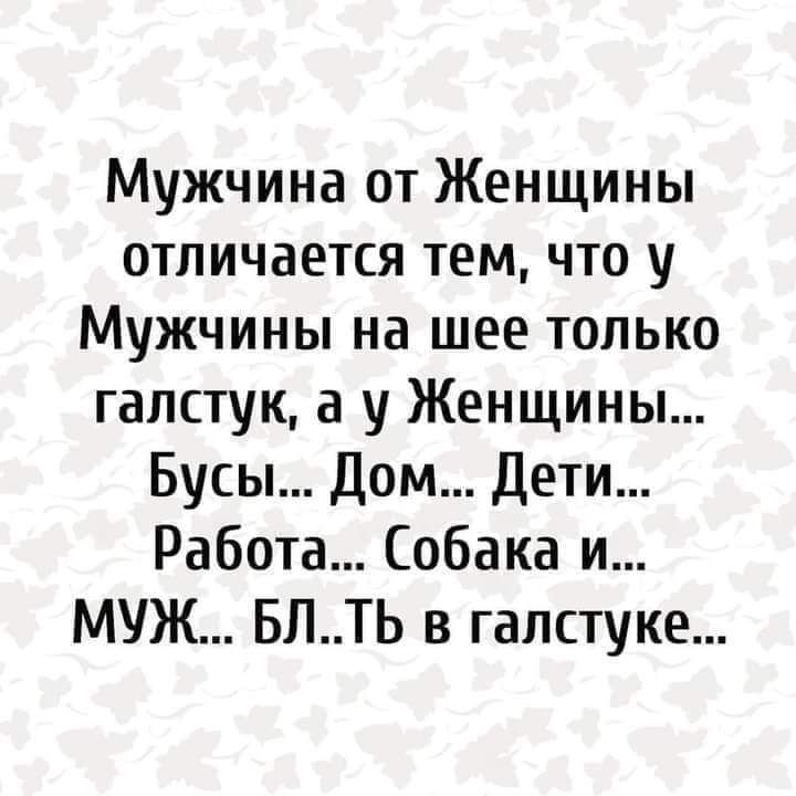 Мужчина от Женщины отличается тем что у Мужчины на шее только галстук а у Женщины Бусы Дом Дети Работа Собака и МУЖ БЛТЬ в галстуке