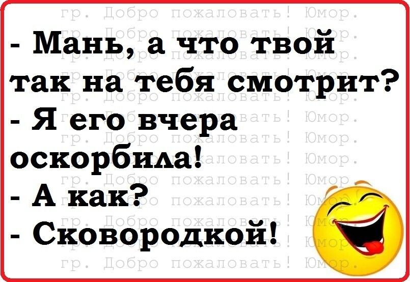 Мань а что твой так на тебя смотрит Я его вчера оскорбиАа А как Сковородкой