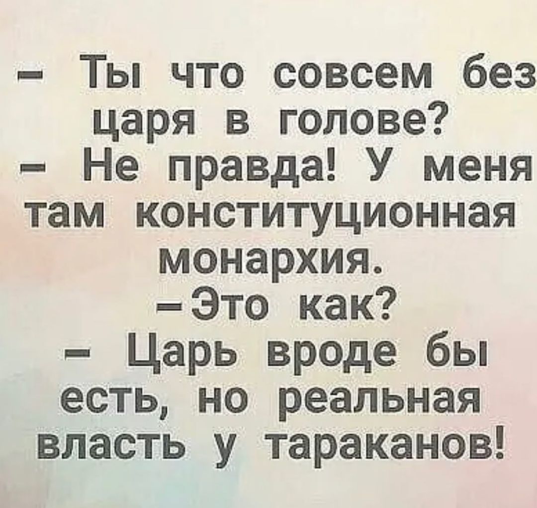 Ты что совсем без царя в голове Не правда У меня там конституционная монархия Это как Царь вроде бы есть но реальная власть у тараканов