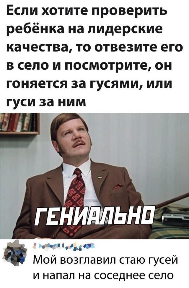 Если хотите проверить ребёнка на лидерские качества то отвезите его в село и посмотрите он гоняется за гусями или гуси за ним гвНидльнп с дип Мой возглавил стаю гусей и напал на соседнее село