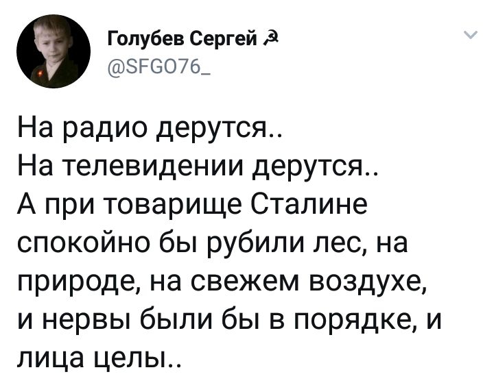 Голубев Сергей згоо7б На радио дерутся На телевидении дерутся А при товарище Сталине спокойно бы рубили лес на природе на свежем воздухе и нервы были бы в порядке и лица целы