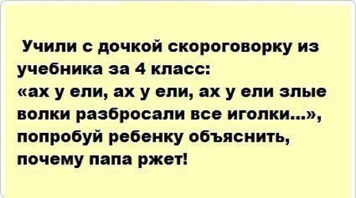 Учили дочкой скороговорку из учебника за 4 класс ах у епи ах у впи ах у ели злые волки разбросали все игопки попробуй ребенку объяснить почему папа ржет