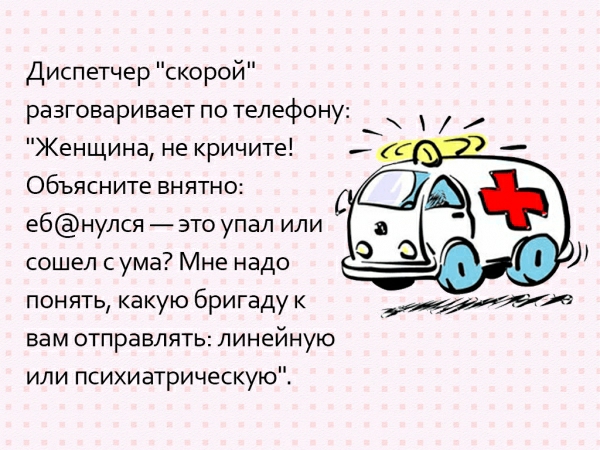 Диспетчер скорой разговаривает по телефону Женщина не кричите Объясните внятно ебнулся это упал или сошел с ума Мне надо пон ять какую бригаду к вам отправлять линейную или психиатрическую