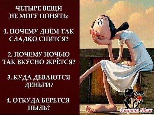 ЧЕТЫРЕ ВЕЩИ НЕ МОГУ ПОНЯТЬ: 1. ПОЧЕМУ ДНЁМ ТАК СЛАДКО СПИТСЯ? 2. ПОЧЕМУ НОЧЬЮ ТАК ВКУСНО ЖРЁТСЯ? 3. КУДА ДЕВАЮТСЯ ДЕНЬГИ? 4. ОТКУДА БЕРЕТСЯ ПЫЛЬ?