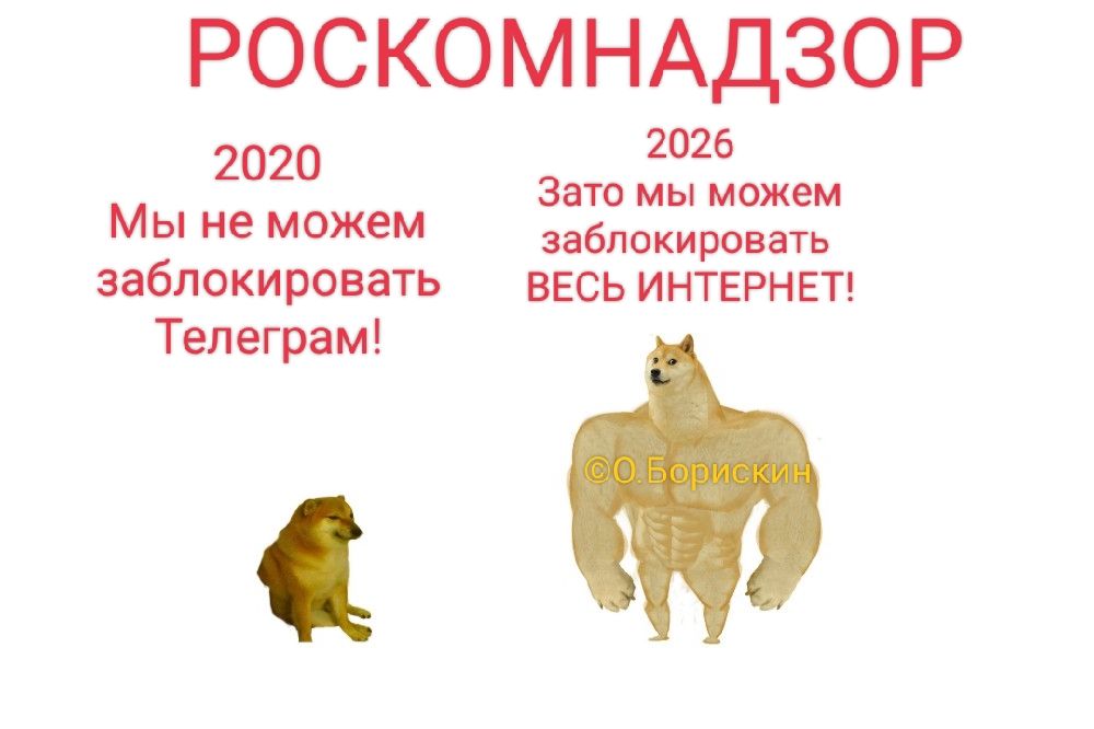 РОСКОМНАДЗОР 2020 Мы не можем заблокировать Телеграм! 2026 Зато мы можем заблокировать ВЕСЬ ИНТЕРНЕТ! © О. Борискин