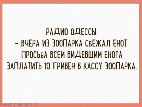 РАДИО ОДЕССЫ ВЧЕРА ИЗ ЗООПАРКА СБЕЖАЛ ЕНОГ ПРОСЬБА ВСЕМ ВИДЕБШИМ ЕНОТА ЗАПЛАТИТЬ Ю ГРИВЕН В КАСС ЗООПАРКА