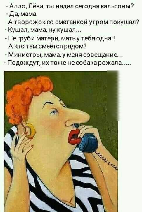 Алло Лёва ты надел сегодня кап ьсон ы Да мама А творожок со сметанкой утром покушап Кушап мама ну кушал Не груби матери мать у тебя одна А кто там смеётся рядом Министры мама у меня совещание Подождут их тоже не собака рожала