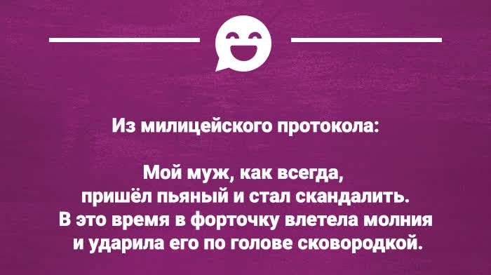 Из милицейского протокола Мой муж как всегда пришёл пьяный и стал скандалить В это время в форточку влетела молния и ударила его по голове сковородкой