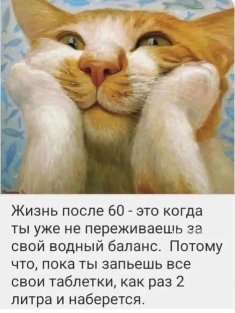 Жизнь после 60 - это когда ты уже не переживаешь за свой водный баланс. Потому что, пока ты запьешь все свои таблетки, как раз 2 литра и наберется.