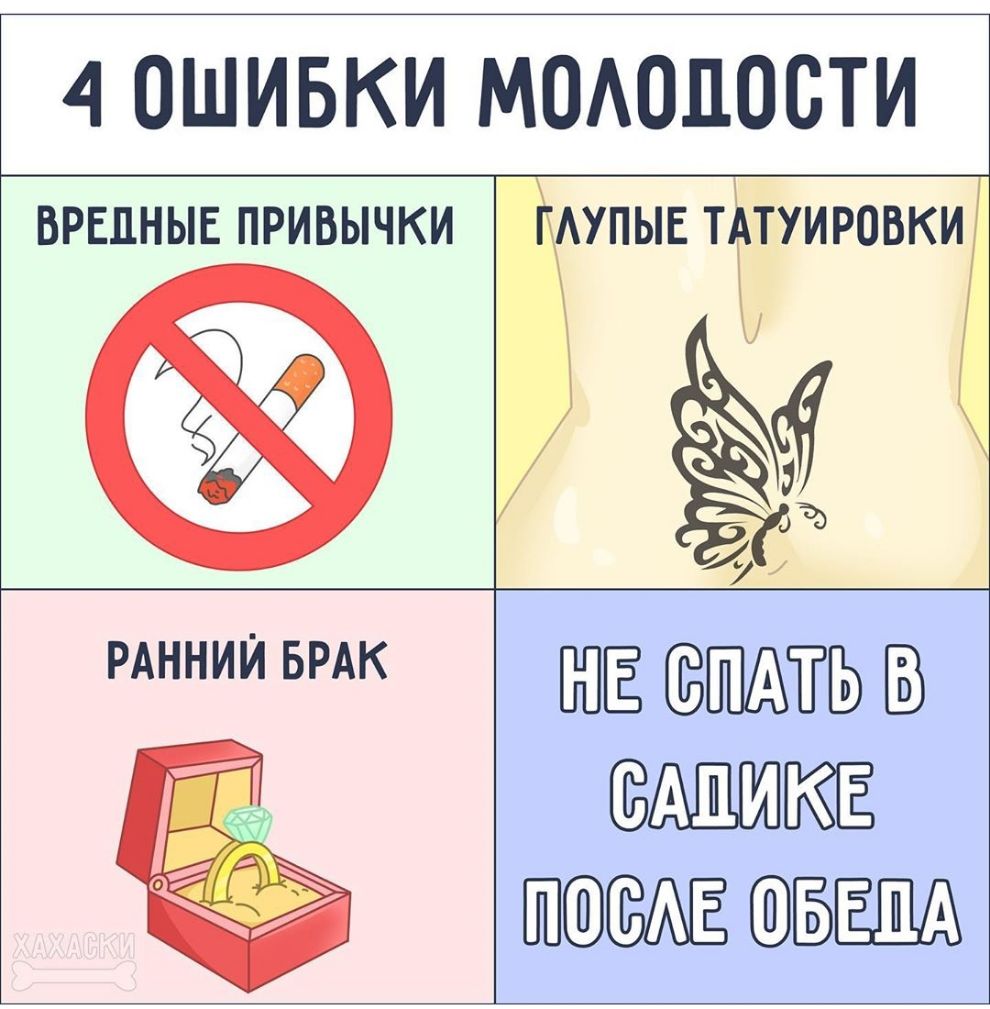 4 ОШИБКИ МОАОЦОСТИ ВРЕДНЫЕ ПРИВЫЧКИ _ РАННИЙ БРАК іАупые тдтуировки НЕ ЁГВ В ЕЁЩКЁ ЁШ
